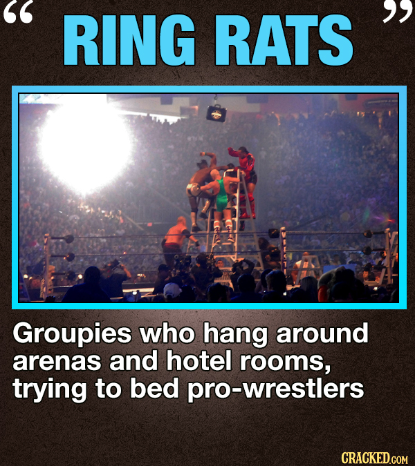 RING RATS Groupies who hang around arenas and hotel rooms, trying to bed -wrestlers CRACKED.COM