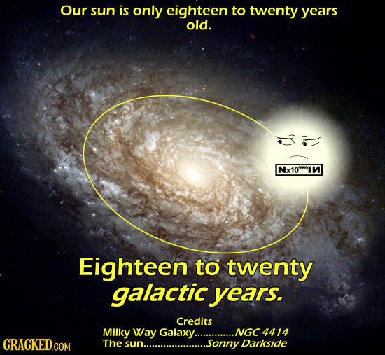 Our sun is only eighteen to twenty years old. Nx10cin Eighteen to twenty galactic years. Credits Milky Way Galaxy. NGC 4414 The Sonny Darkside