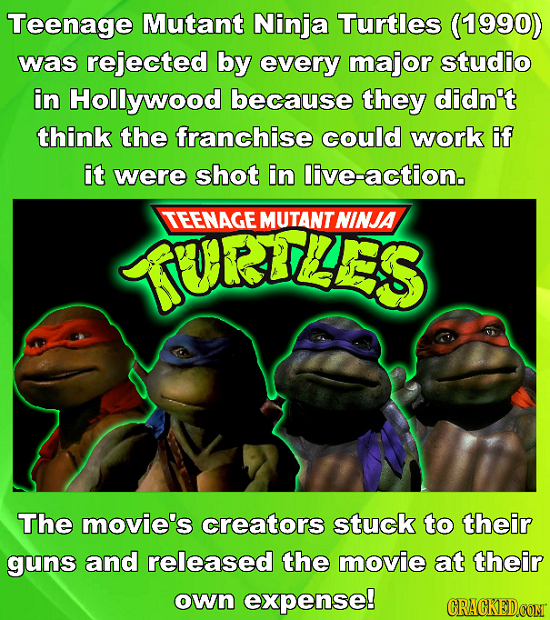 Teenage Mutant Ninja Turtles (1990) was rejected by every major studio in Hollywood because they didn't think the franchise could work if it were shot