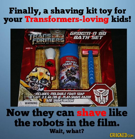 Finally, a shaving kit toy for your Transformers-loving kids! GROCI n TADE sa BATH SET FURTERE AGES: se TEAO FOITEA MIOL LAIIL Fasi 5SAL InCLUDES: MOL