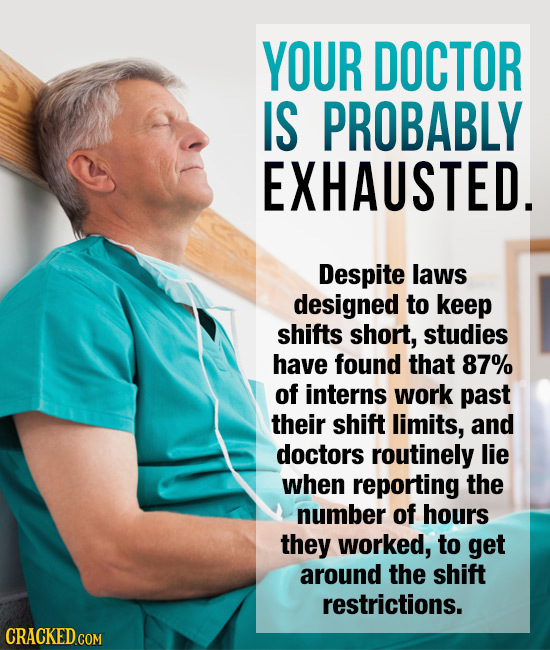YOUR DOCTOR IS PROBABLY EXHAUSTED. Despite laws designed to keep shifts short, studies have found that 87% of interns work past their shift limits, an