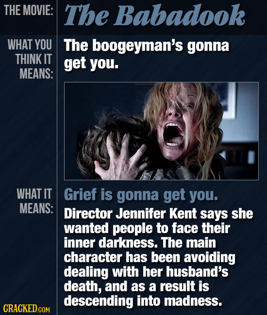 THE MOVIE: The Babadook WHAT YOU The boogeyman's gonna THINK IT get you. MEANS: WHAT IT Grief is gonna get you. MEANS: Director Jennifer Kent says she