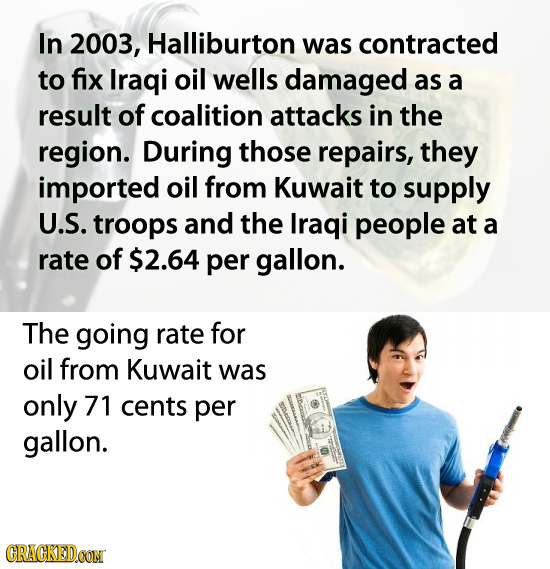 In 2003, Halliburton was contracted to fix Iraqi oil wells damaged as a result of coalition attacks in the region. During those repairs, they imported