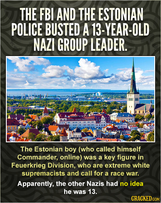 THE FBI AND THE ESTONIAN POLICE BUSTED A 13-YEAR-OLD NAZI GROUP LEADER. The Estonian boy (who called himself Commander, online) was a key figure in Fe