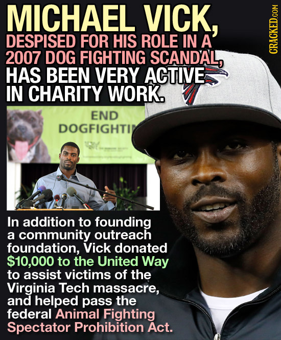 MICHAEL VICK, DESPISED FOR HIS ROLE IN A 2007 DOG FIGHTING SCANDAL, HAS BEEN VERY ACTIVE IN CHARITY WORK. END DOGFIGHTI In addition to founding a comm