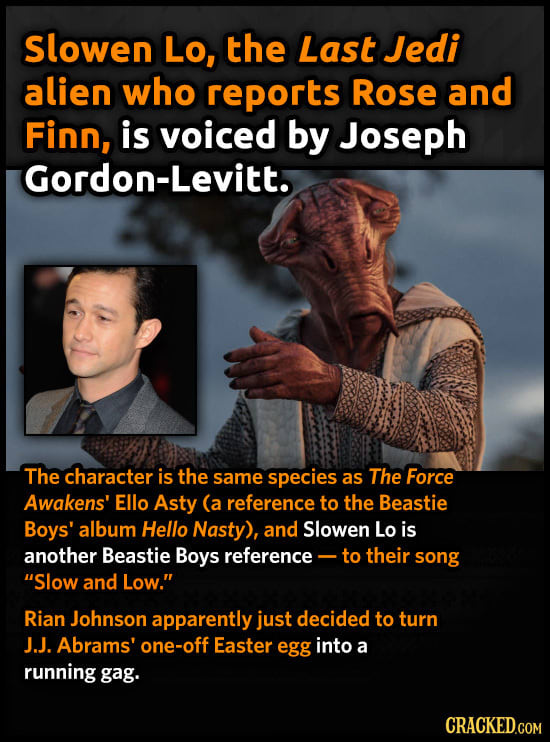 Slowen Lo, the Last Jedi alien who reports Rose and Finn, is voiced by Joseph Gordon-Levitt. The character is the same species as The Force Awakens' E