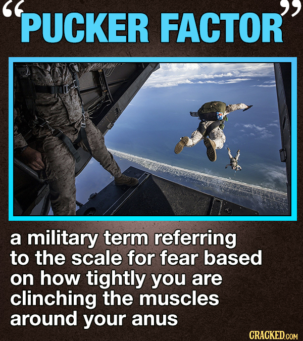 PUCKER FACTOR a military term referring to the scale for fear based on how tightly you are clinching the muscles around your anus CRACKED.COM