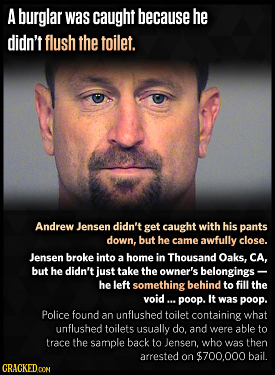 A burglar Was caught because he didn't flush the toilet. Andrew Jensen didn't get caught with his pants down, but he came awfully close. Jensen broke 