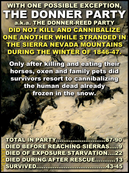 WITH ONE POSSIBLE EXCEPTION, THE DONNER PARTY a.k.a. THE DONNER-REED PARTY DID NOT KILL AND CANNIBALIZE ONE ANOTHER WHILE STRANDED IN THE SIERRA NEVAD