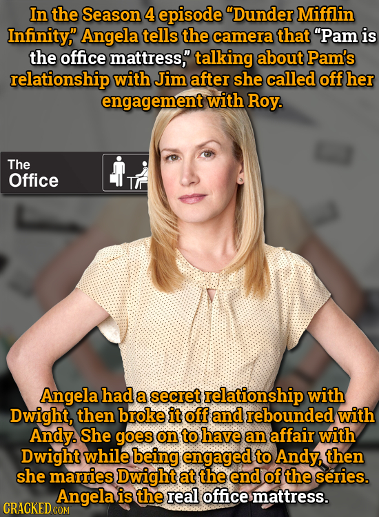 In the Season 4 episode Dunder Mifflin Infinity, Angela tells the camera that Pam is the office mattress, talking about Pam's relationship with Ji