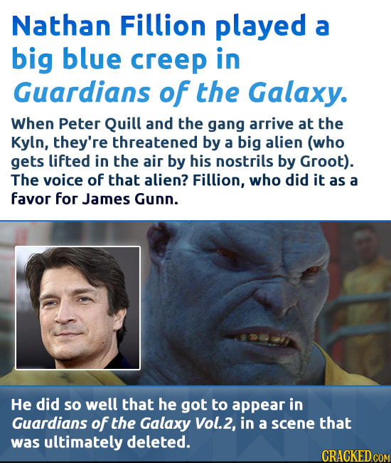 Nathan Fillion played a big blue creep in Guardians of the Galaxy. When Peter Quill and the gang arrive at the Kyln, they're threatened by a big alien