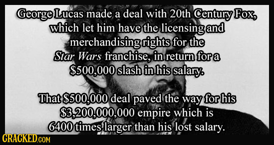 George Lucas made a deal with 20th Century Fox, which let him have the licensing and merchandising rights for the Star Wars franchise, in return for a