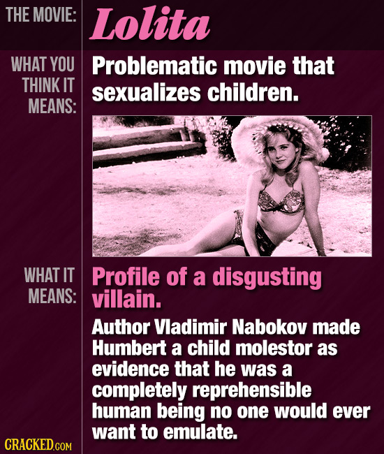 THE MOVIE: Lolita WHAT YOU Problematic movie that THINK IT sexualizes children. MEANS: WHAT IT Profile of a disgusting MEANS: villain. Author Vladimir