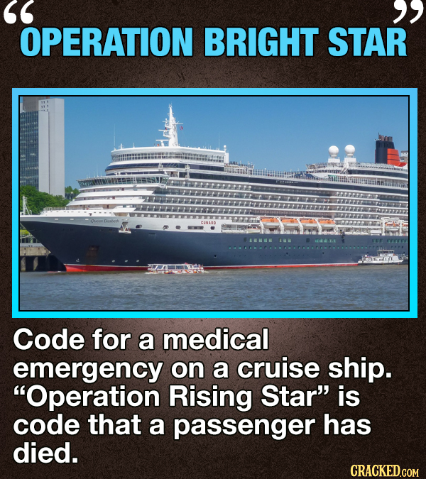 OPERATION BRIGHT STAR CENABD Code for a medical emergency on a cruise ship. Operation Rising Star is code that a passenger has died. CRACKED.COM