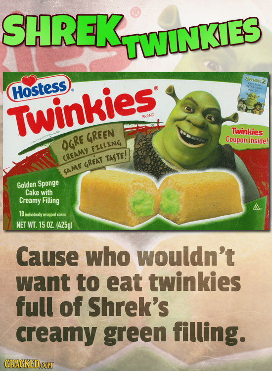 SHREK. TWINKIES Siek2 Hostess Twinkies BRAND Twinkies GREEN Coupon Inside! OGRE FILLING CREAMY TASTE! GREAT SAME Golden Sponge Cake with Creamy Fillin