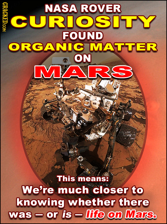 NASA ROVER CURIOSITY FOUND ORGANIC MATTER ON MARS This means: We're much closer to knowing whether there was or is life on Mars.