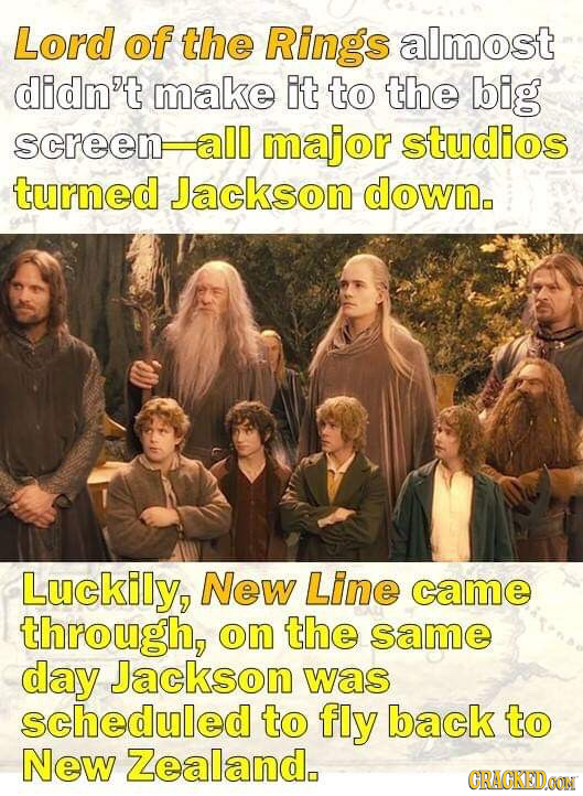 Lord of the Rings almost didn't make it to the big screen all major studios turned Jackson down. Luckily, New Line came through, on the same day Jacks