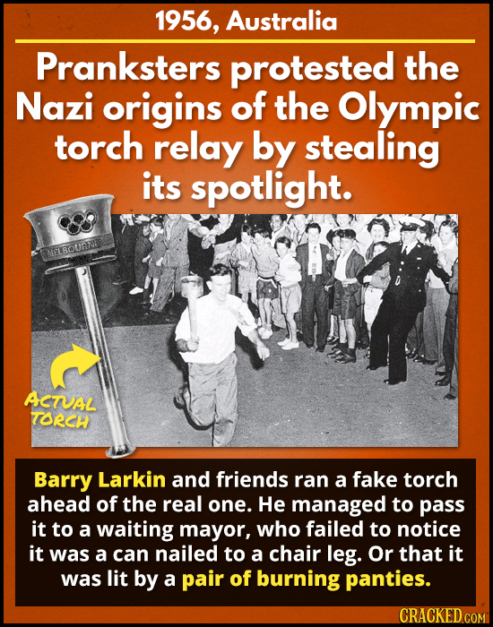 1956, Australia Pranksters protested the Nazi origins of the Olympic torch relay by stealing its spotlight. UEISOURNE ASTUAL TORCH Barry Larkin and fr