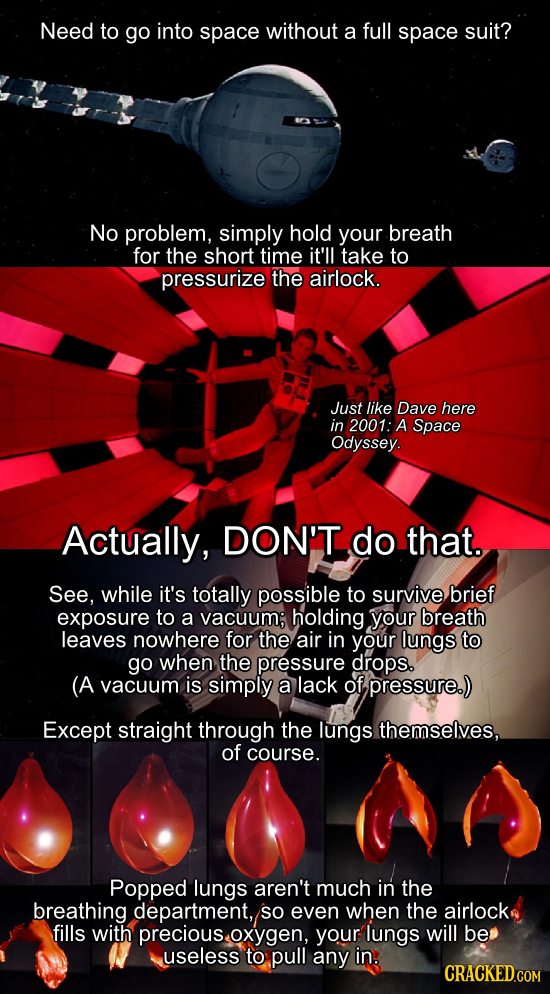Need to go into space without a full space suit? No problem, simply hold your breath for the short time it'll take to pressurize the airlock. Just lik