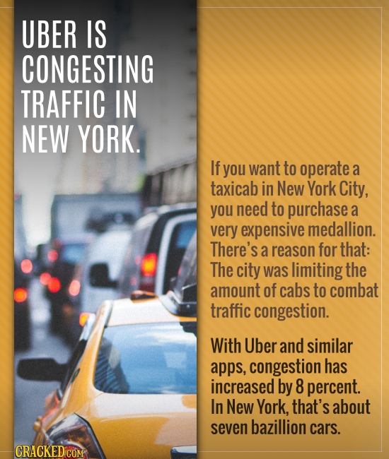 UBER IS CONGESTING TRAFFIC IN NEW YORK. If you want to operate a taxicab in New York City, you need to purchase a very expensive medallion. There's a