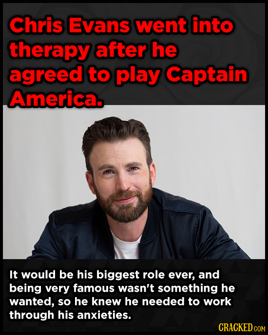 Chris Evans went into therapy after he agreed to play Captain America. It would be his biggest role ever, and being very famous wasn't something he wa