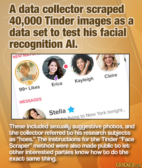 A data collector scraped 40, 000 Tinder images as a data set to test his facial recognition Al. NEW Claire Kayleigh Erica Likes 99+ MESSAGES Stella Yo