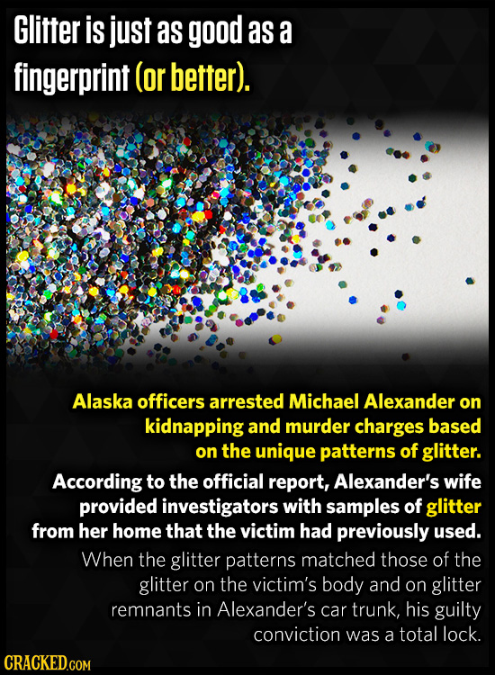 Glitter is just as good as a fingerprint (or better). Alaska officers arrested Michael Alexander on kidnapping and murder charges based on the unique 