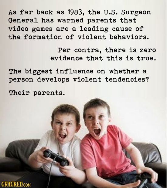 As far back as 1983, the U.S. Surgeon General has warned parents that video games are a leading cause of the formation of violent behaviors. Per contr