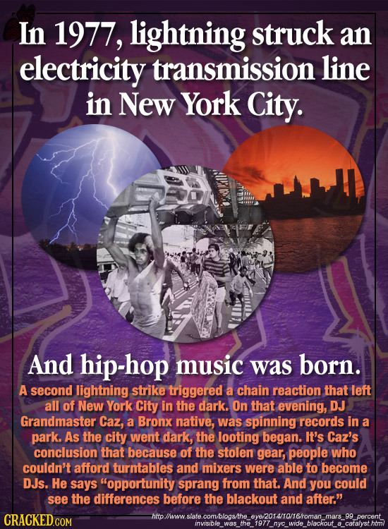 In 1977, lightning struck an electricity transmission line in New York City. And hip-hop music was born. A second lightning strike triggered a chain r