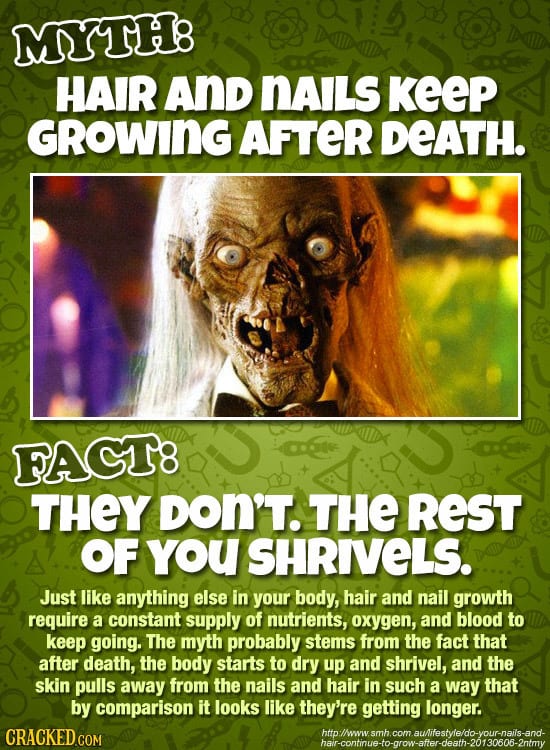 MYTH8 HAIR And nAILs KeeP GROWING AFTER DEATH. FAGT8 THEY DON'T. THE REST OF you SHRIVELS. Just like anything else in your body, hair and nail growth 