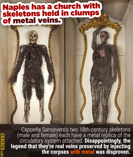 Naples has church with a skeletons held in clumps of metal veins. Cappella Sansevero's two 18th-century skeletons CRACE (male and female) each have a