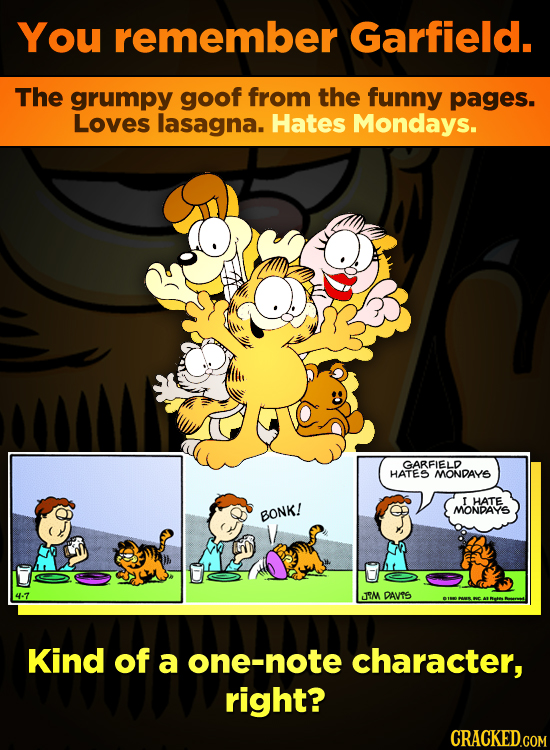 You remember Garfield. The grumpy goof from the funny pages. Loves lasagna. Hates Mondays. GARFIELD HATES MONDAYS I HATE BONK! MONDAYS 4-7 JRM DAVS Ki