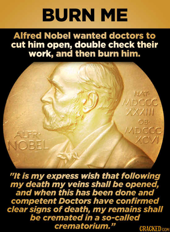 BURN ME Alfred Nobel wanted doctors to cut him open, double check their work, and then burn him. NAT MDCCC 1XX OB MDCCC AUFR. CVI NOBEL t is my expre