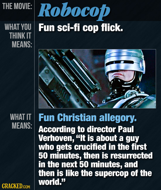 THE MOVIE: Robocop WHAT YOU Fun sci-fi cop flick. THINK IT MEANS: WHAT IT Fun Christian allegory. MEANS: According to director Paul Verhoven, It is a