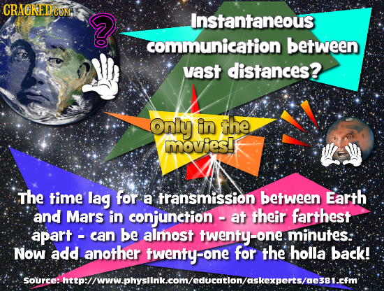 CRACKED COM D Instantaneous communication between vast distances? Only in the movies! The time lag for a transmission between Earth and Mars in conjun