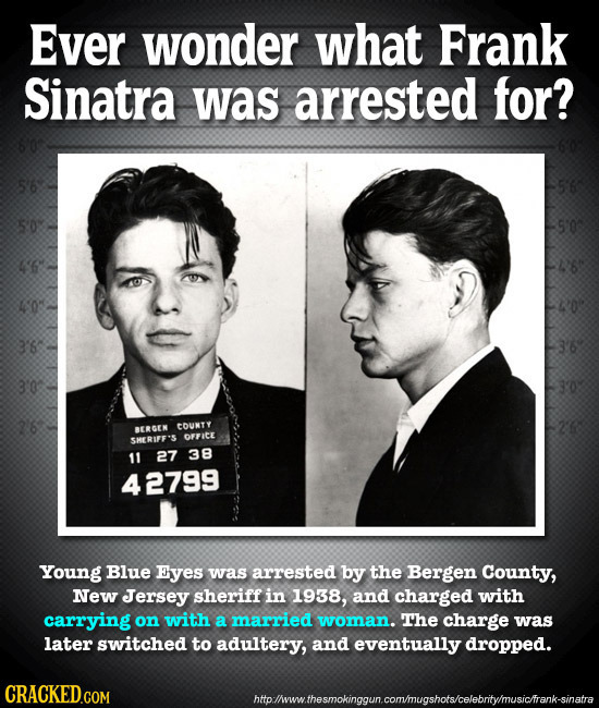 Ever wonder what Frank Sinatra was arrested for? 56 30 S'0 6 40: 3 3'0 2'6 COUNTY BERGEN OFFICE SHERIFF'S 11 27 38 42799 Young Blue Eyes was arrested