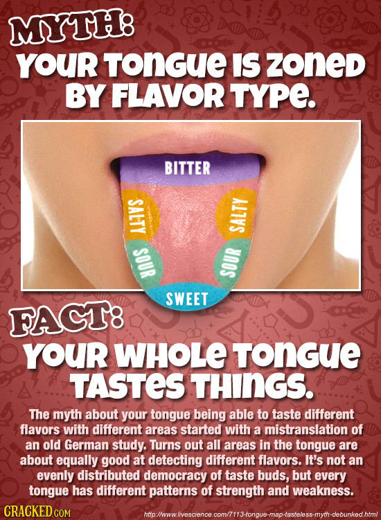 MYTHB YOUR TOnGUE IS ZONeD BY FLAVOR TYPE. BITTER SALTY SALTY SOUR e SWEET FAGT8 YOUR WHOLE TOnGUE TASTES THINGS. The myth about your tongue being abl