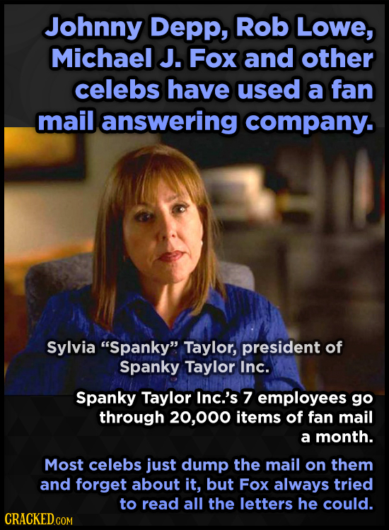 Johnny Depp, Rob Lowe, Michael J. Fox and other celebs have used a fan mail answering company. Sylvia Spanky Taylor, president of Spanky Taylor Inc.