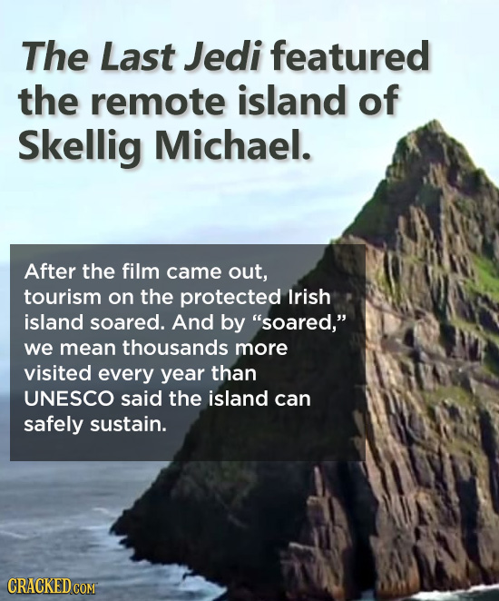 The Last Jedi featured the remote island of Skellig Michael. After the film came out, tourism on the protected lrish island soared. And by soared, w