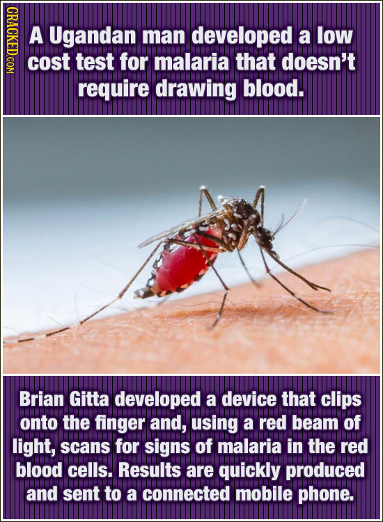 CRAE A Ugandan man developed a low cost test for malaria that doesn't require drawing blood. Brian Gitta developed a device that clips onto the finger