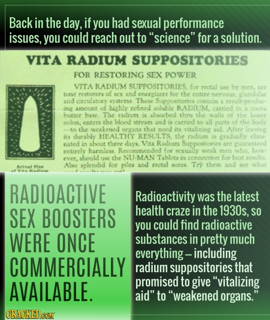 Back in the day, if you had sexual performance issues, you could reach out to science for a solution. VITA RADIUM SUPPOSITORIES FOR RESTORING SEX PO