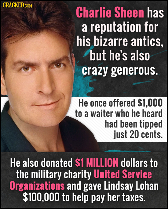 Charlie Sheen has a reputation for his bizarre antics, but he's also crazy generous. He once offered 000 to a waiter who he heard had been tipped just