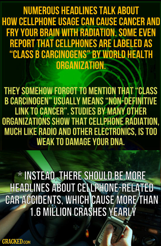 NUMEROUS HEADLINES TALK ABOUT HOW CELLPHONE USAGE CAN CAUSE CANCER AND FRY YOUR BRAIN WITH RADIATION. SOME EVEN REPORT THAT CELLPHONES ARE LABELED AS