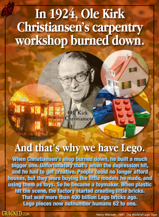 In 1924, Ole Kirk Christiansen's carpentry workshop burned down. 0937) 0537 Ole Kirk Christiansenr 0831 And that's why we have Lego. When Christiansen