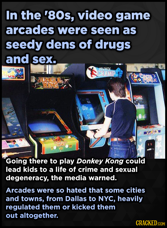 In the '8Os, video game arcades were seen as seedy dens of drugs and sex. CHAM JUNGTUE KOING Going there to play Donkey Kong could lead kids to a life