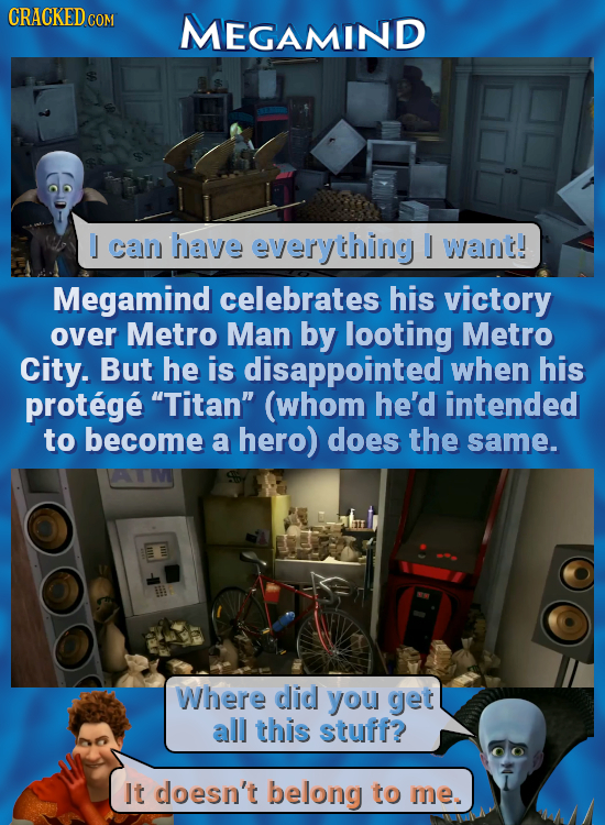 CRACKED COM MEGAMIND l can have everything J want! Megamind celebrates his victory over Metro Man by looting Metro City. But he is disappointed when h