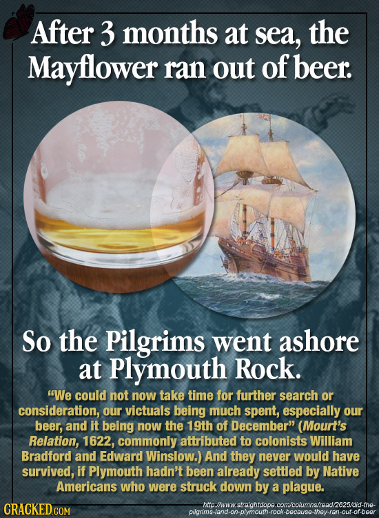 After 3 months at sea, the Mayflower ran out of beer. So the Pilgrims went ashore at Plymouth Rock. We could not now take time for further search or
