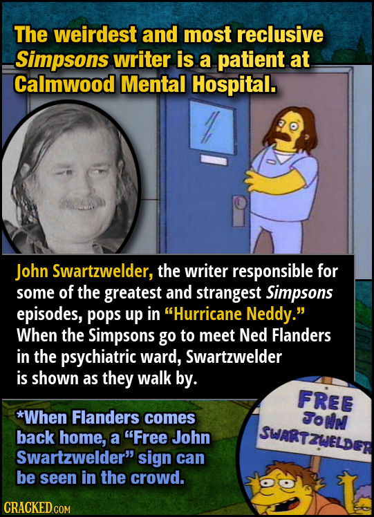 The weirdest and most reclusive Simpsons writer is a patient at Calmwood Mental Hospital. John Swartzwelder, the writer responsible for some of the gr