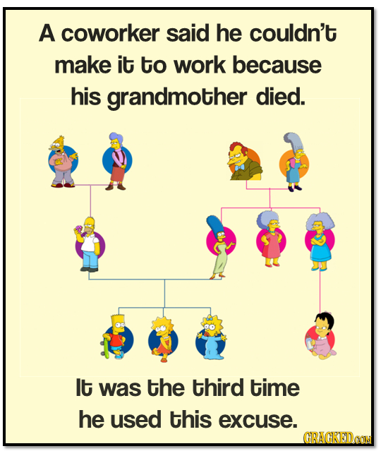 A coworker said he couldn't make it to work because his grandmother died. It was the third time he used this excuse. CRAGKEDONN