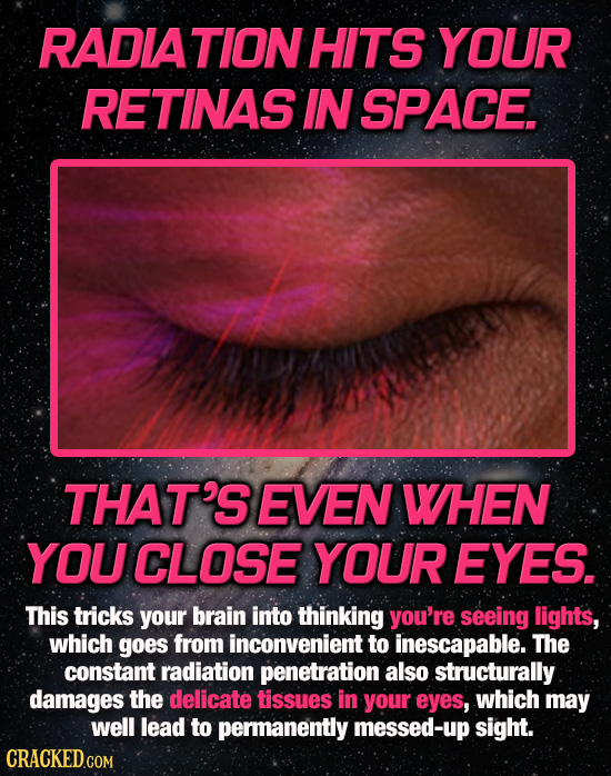 RADIATION HITS YOUR RETINAS IN SPACE. THAT'S EVEN WHEN YOU CLOSE YOUREYES. This tricks your brain into thinking you're seeing lights, which goes from